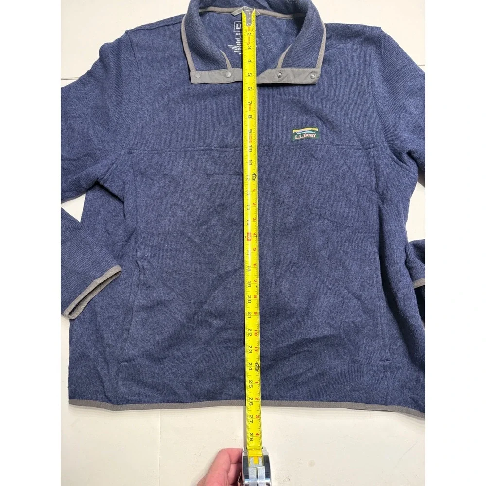 LL Bean Sweater Fleece Pullover Mens Large Blue Snap Neck 293050 Heathered Knit